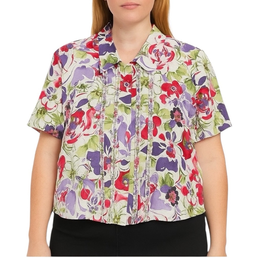 KORET Shirt Blouse Womens PXL Multicolor Short Sleeve Button Up Floral Purple Re